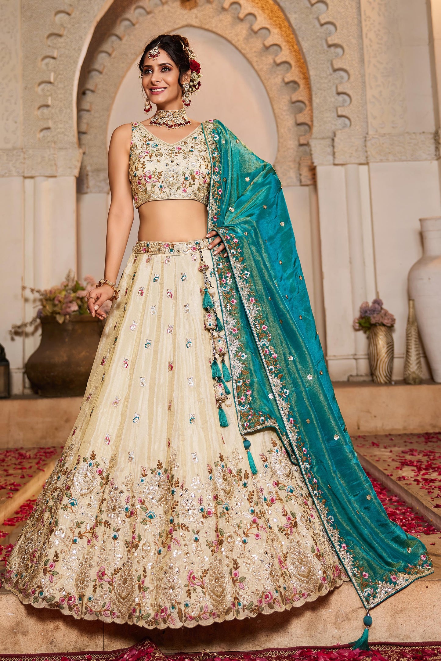 Teal Tissue Sequinse embroidery Lehenga choli & Dupatta