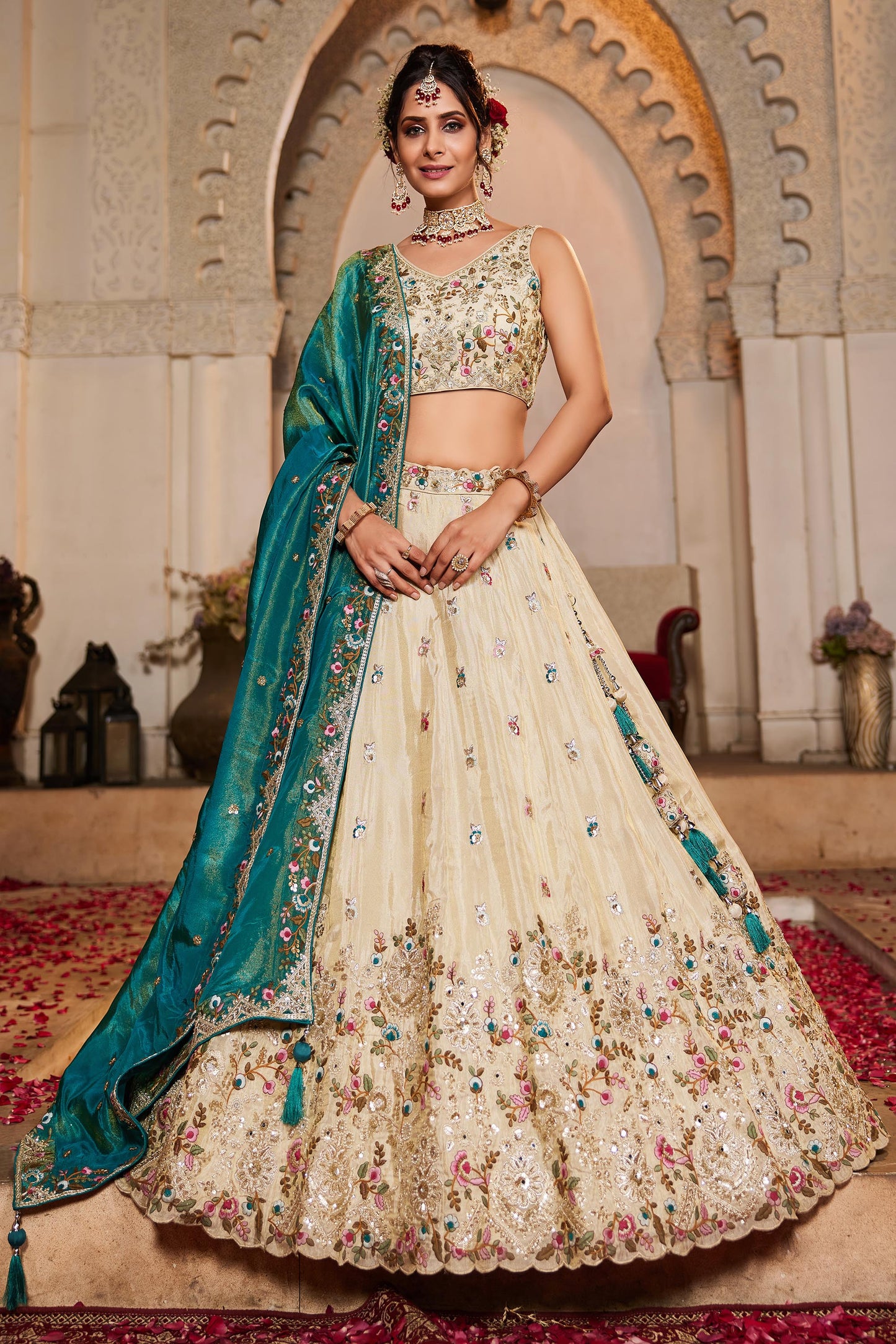 Teal Tissue Sequinse embroidery Lehenga choli & Dupatta