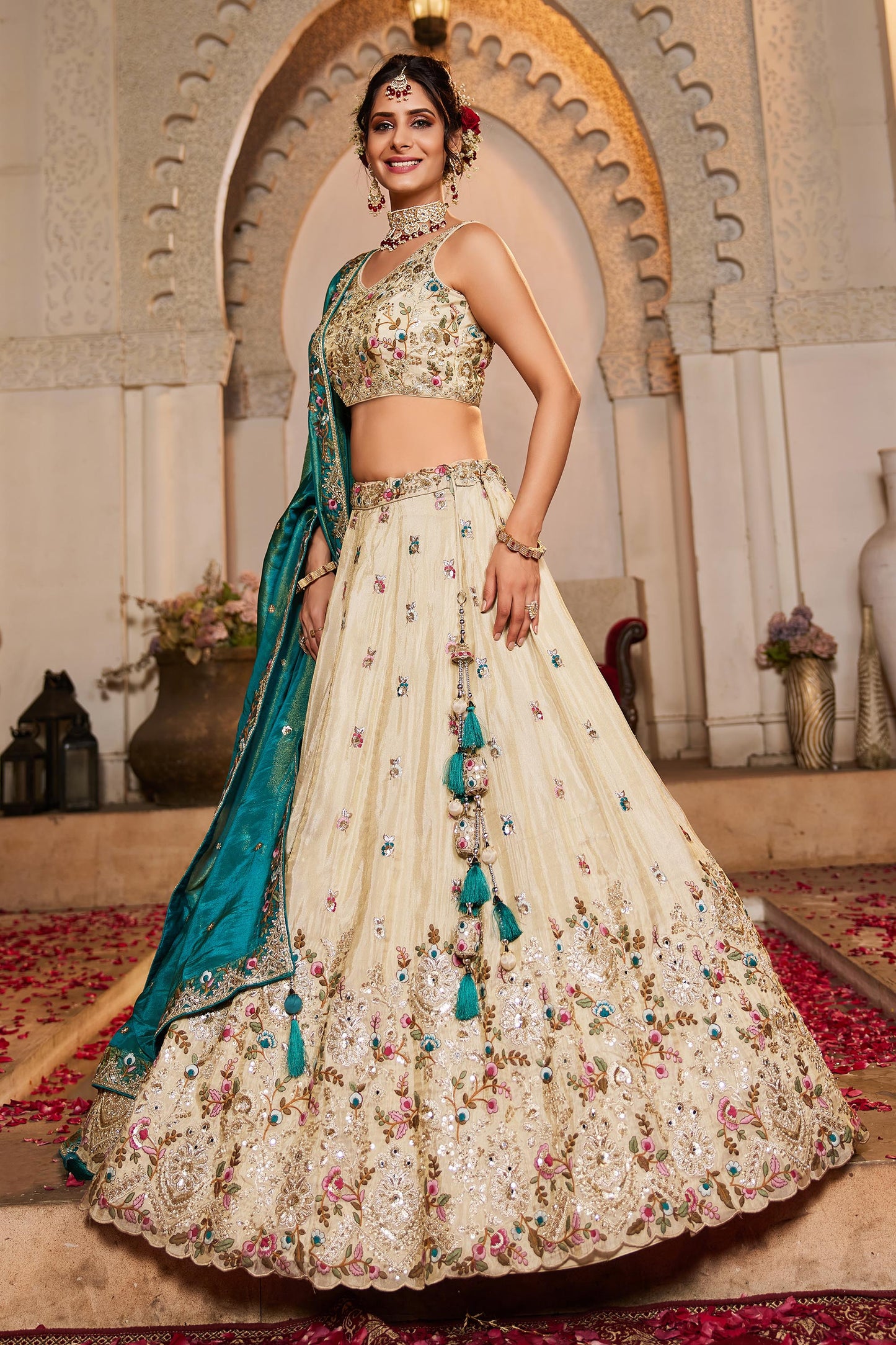 Teal Tissue Sequinse embroidery Lehenga choli & Dupatta