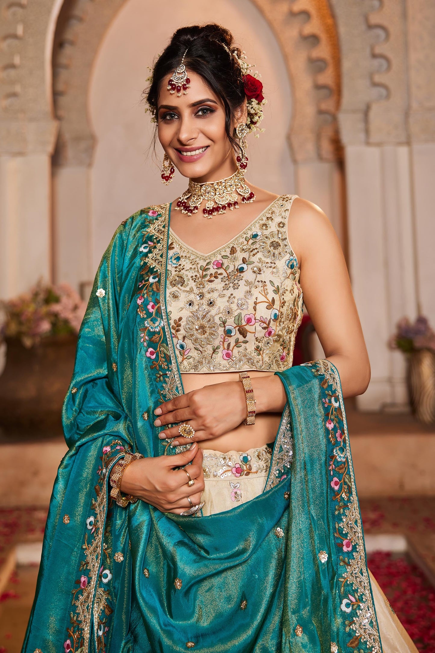 Teal Tissue Sequinse embroidery Lehenga choli & Dupatta