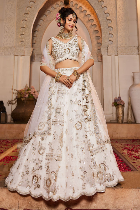 Off White Tissue Fabric Sequins embroidery Lehenga choli & Dupatta