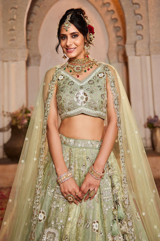 Lime Green Tissue Fabric Sequins embroidery Lehenga choli & Dupatta