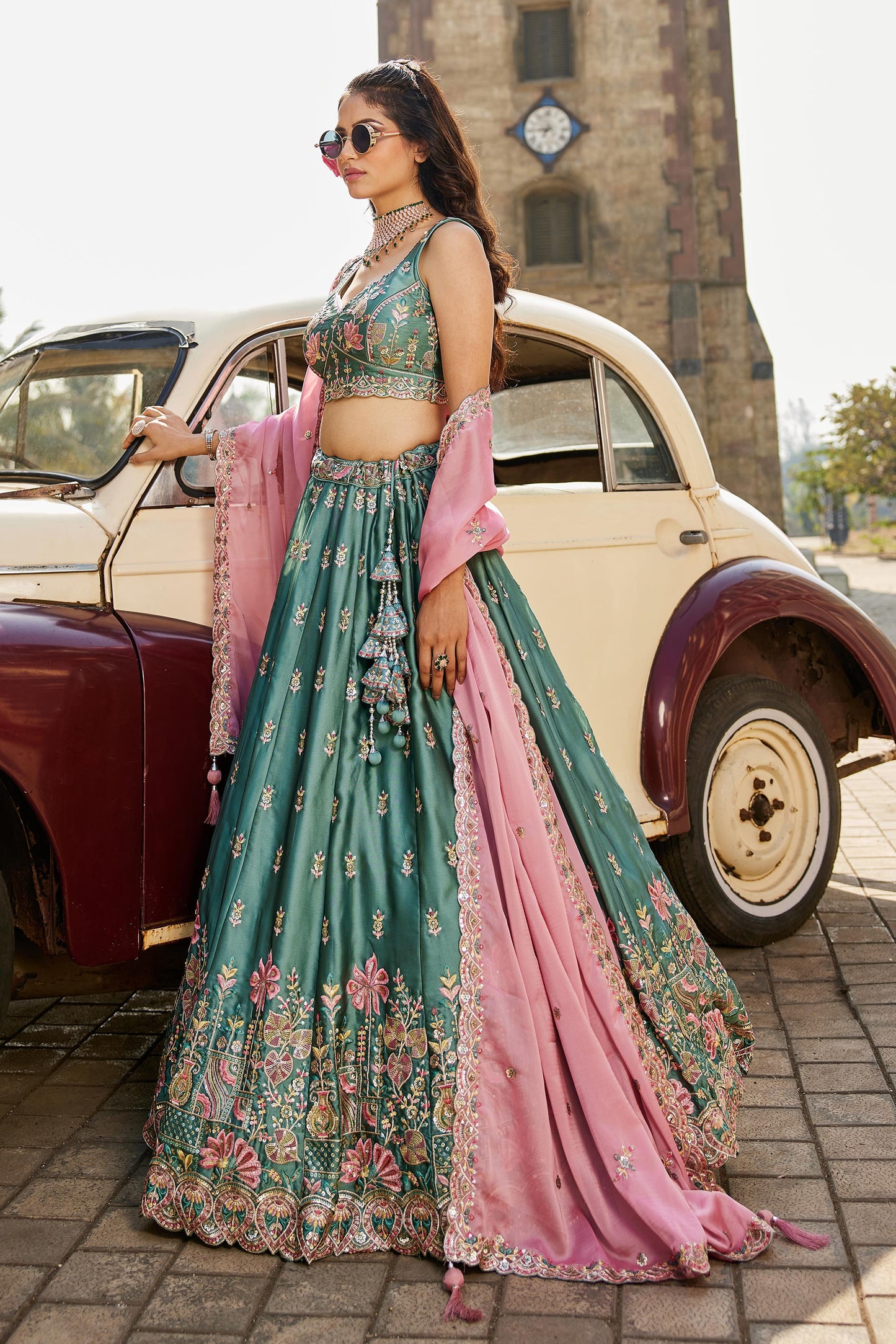 Lime green Georgette Sequins embroidery Lehenga choli & Dupatta