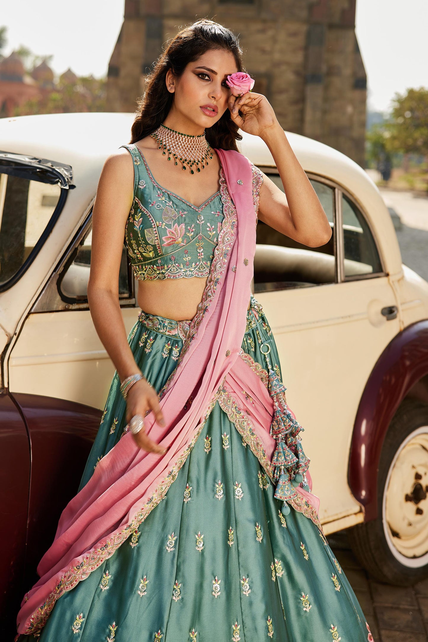 Lime green Georgette Sequins embroidery Lehenga choli & Dupatta