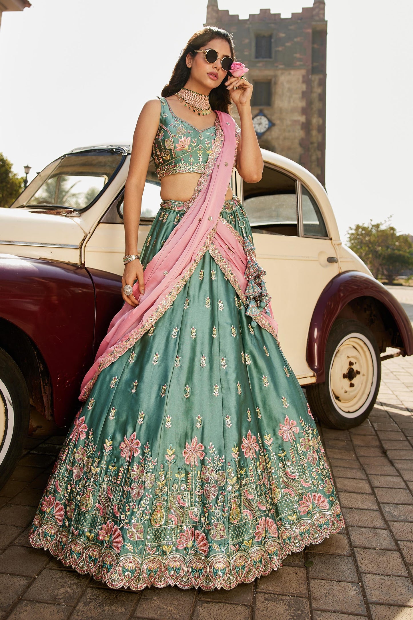 Lime green Georgette Sequins embroidery Lehenga choli & Dupatta