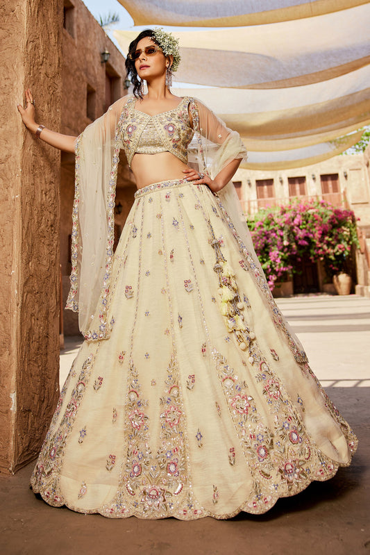 Cream colour Tissue Sequins embroidery Lehenga choli & Dupatta