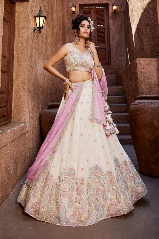 Cream Georgette Sequins embroidery Lehenga choli & Dupatta
