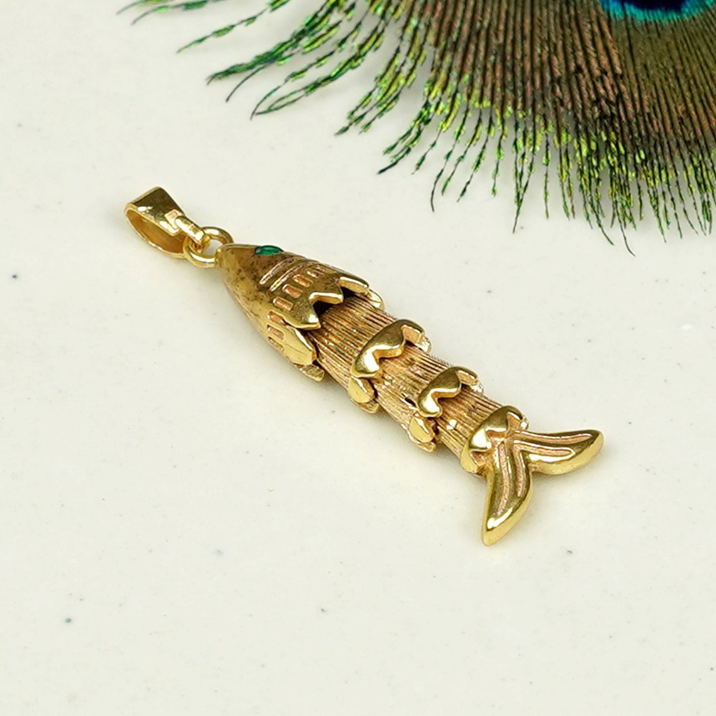 Zevar Club 18K Gold Plated Handcrafted Fish Design Pendant with Movable Tail & Green Enamel Detail for Women