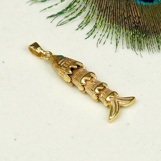 Zevar Club 18K Gold Plated Handcrafted Fish Design Pendant with Movable Tail & Green Enamel Detail for Women
