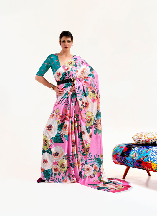 Pink Kazo Digital Soft Crepe Printed Saree