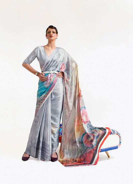 Grey Kazo Digital Soft Crepe Printed Saree