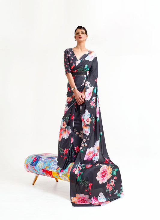 Black Kazo Digital Soft Crepe Printed Saree
