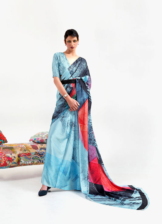 Sky Blue Kazo Digital Soft Crepe Printed Saree