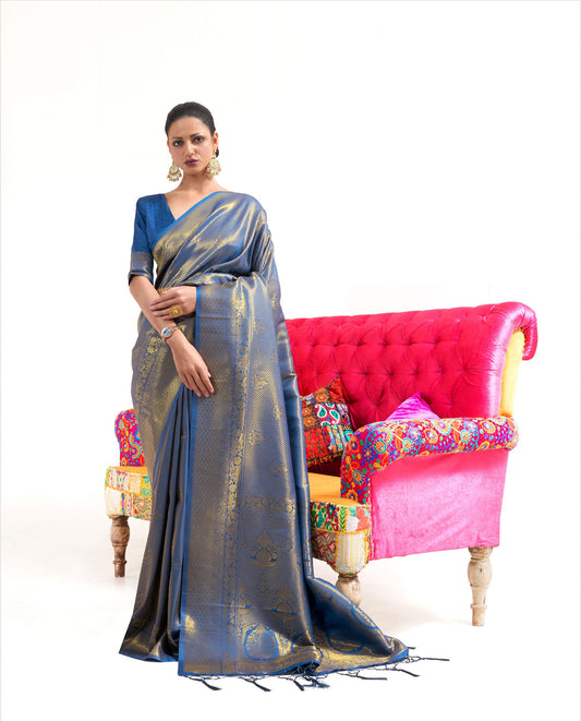 Blue Kuntal Silk Handloom Saree
