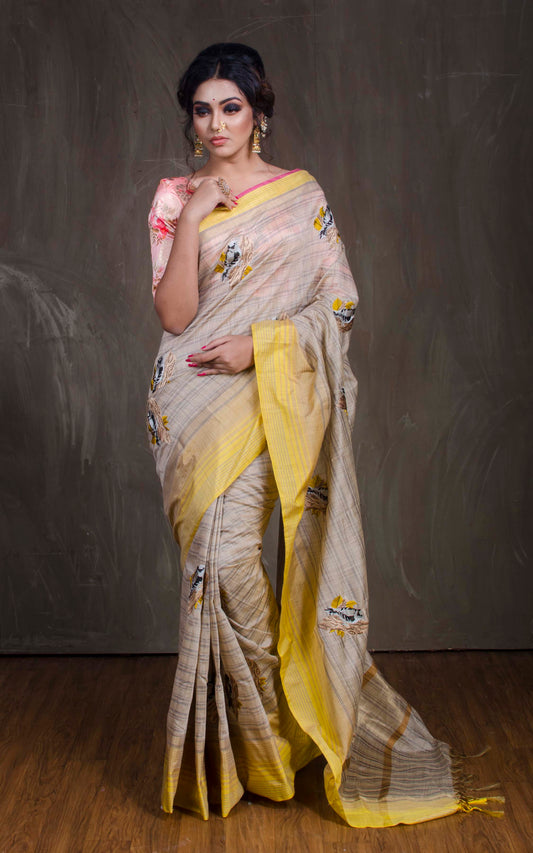 Embroidery Work Semi Tussar Saree in Beige and Yellow