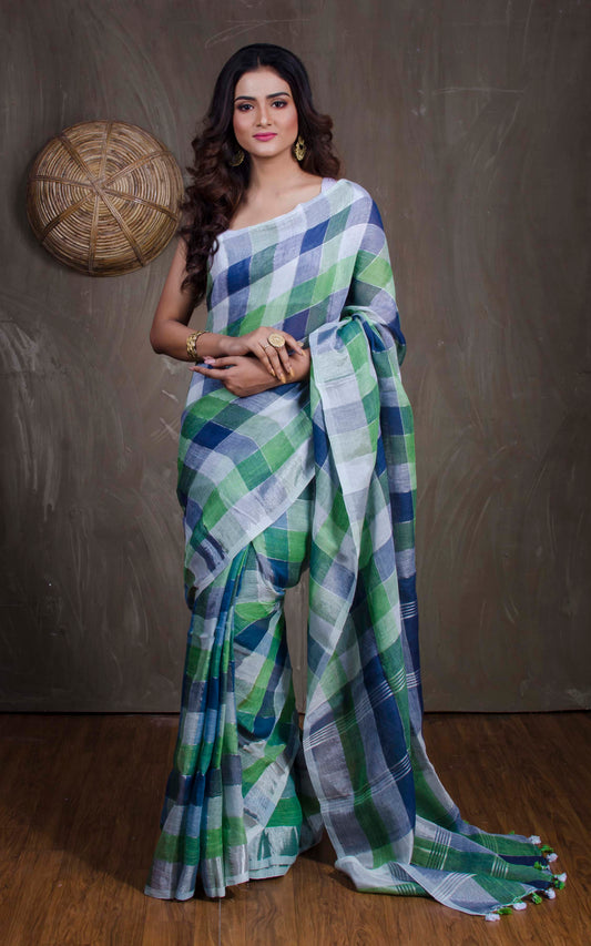 Linen Checks Saree in Off White, Green and Blue
