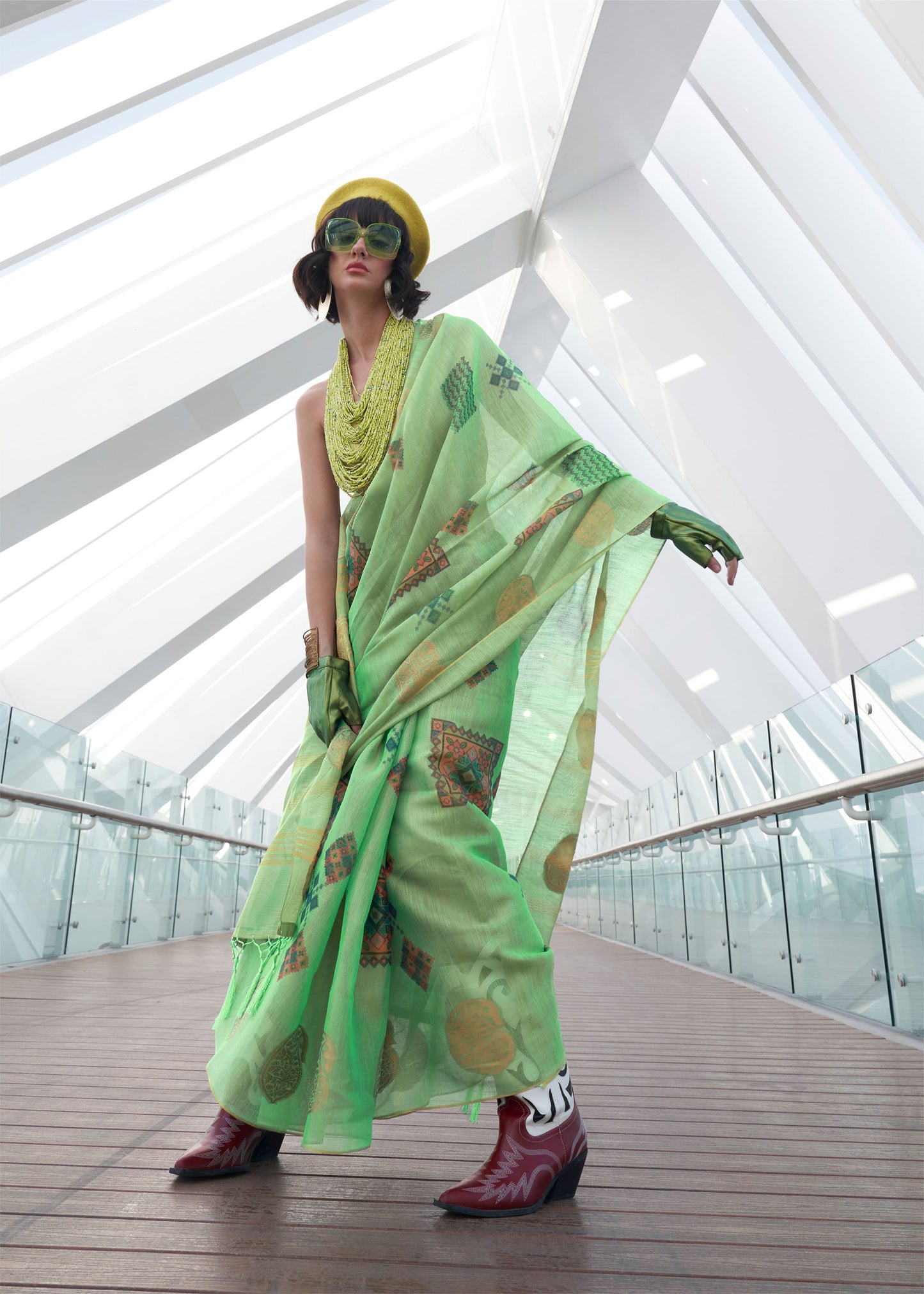 Mint Green Kroma Zari Tissue handwoven Printed Silk Saree