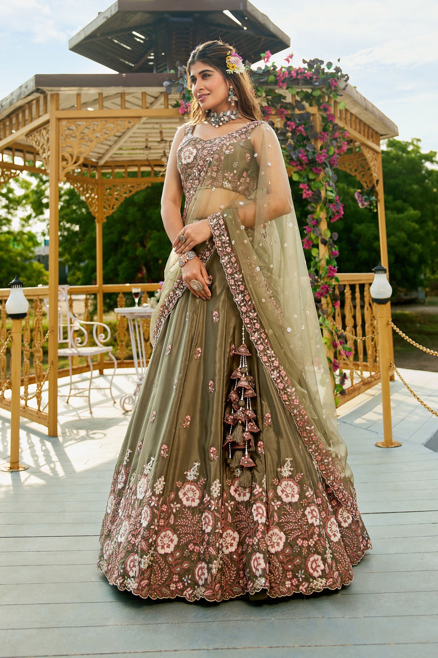 Olive colour Satin Sequins embroidery Lehenga choli & Dupatta