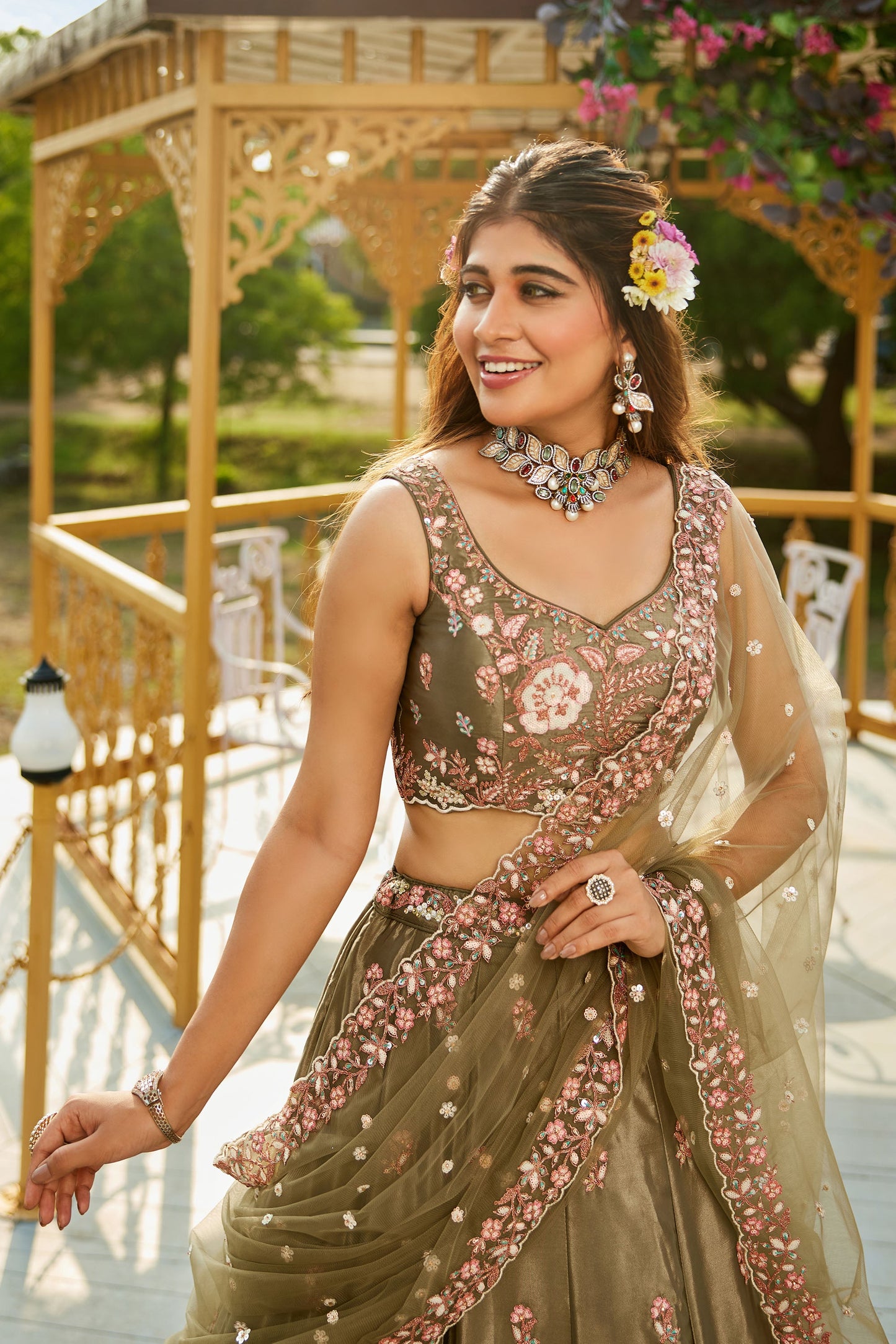 Olive colour Satin Sequins embroidery Lehenga choli & Dupatta