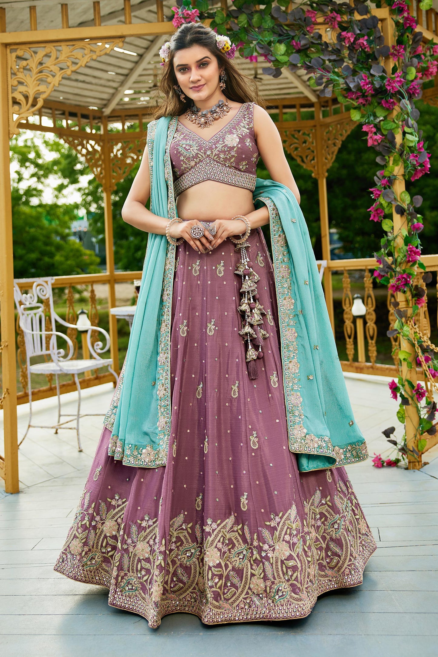 Rose gold colour Chinnon Sequinse embroidery Lehenga choli & Dupatta