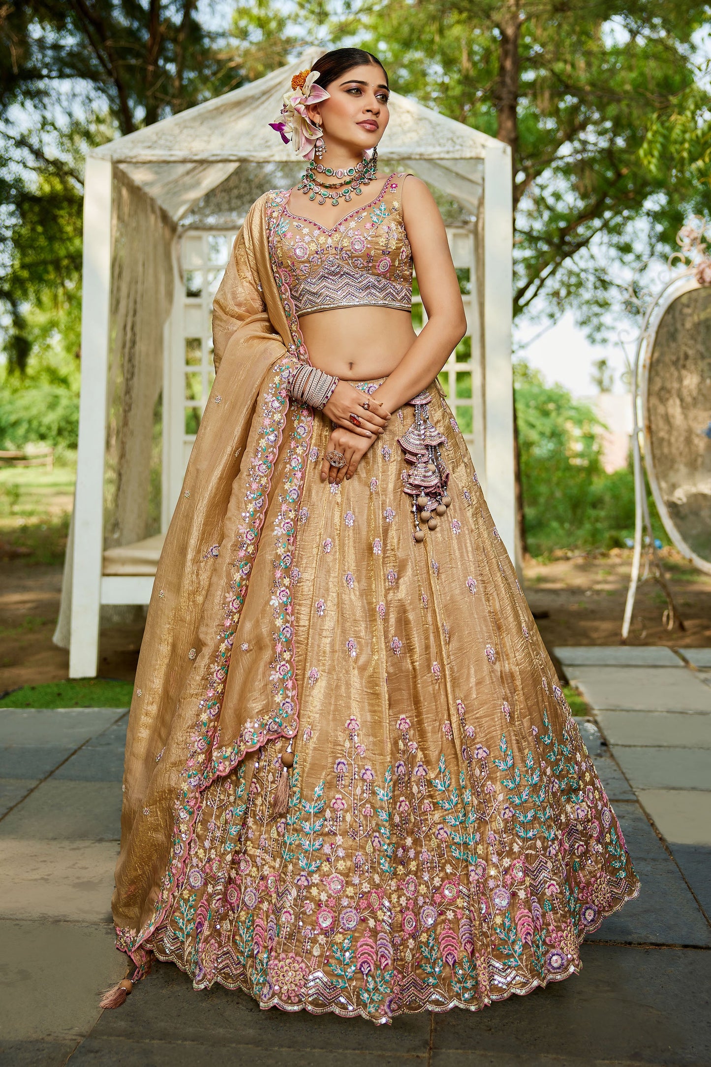 Beige colour Tissue Sequins embroidery Lehenga choli & Dupatta
