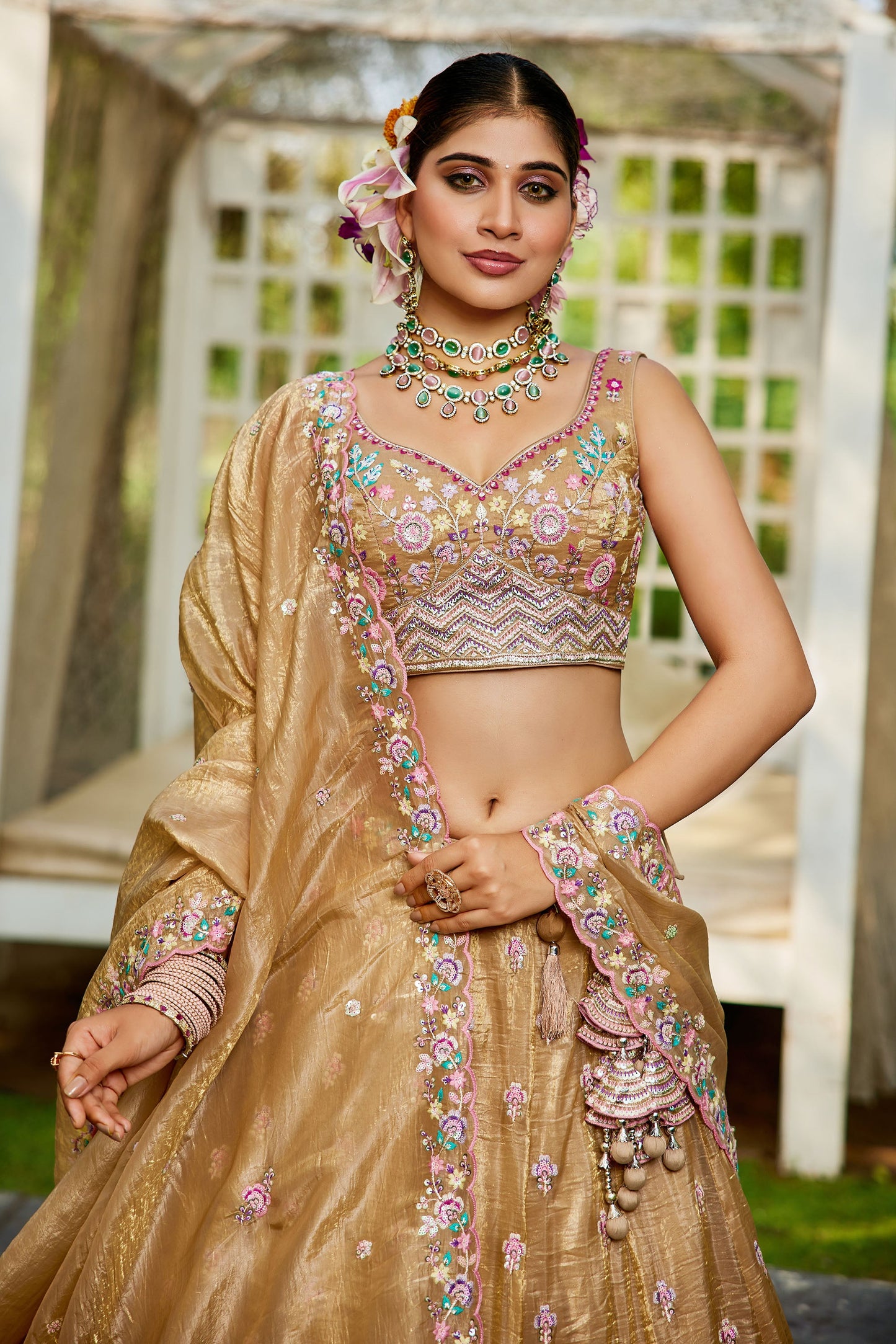Beige colour Tissue Sequins embroidery Lehenga choli & Dupatta