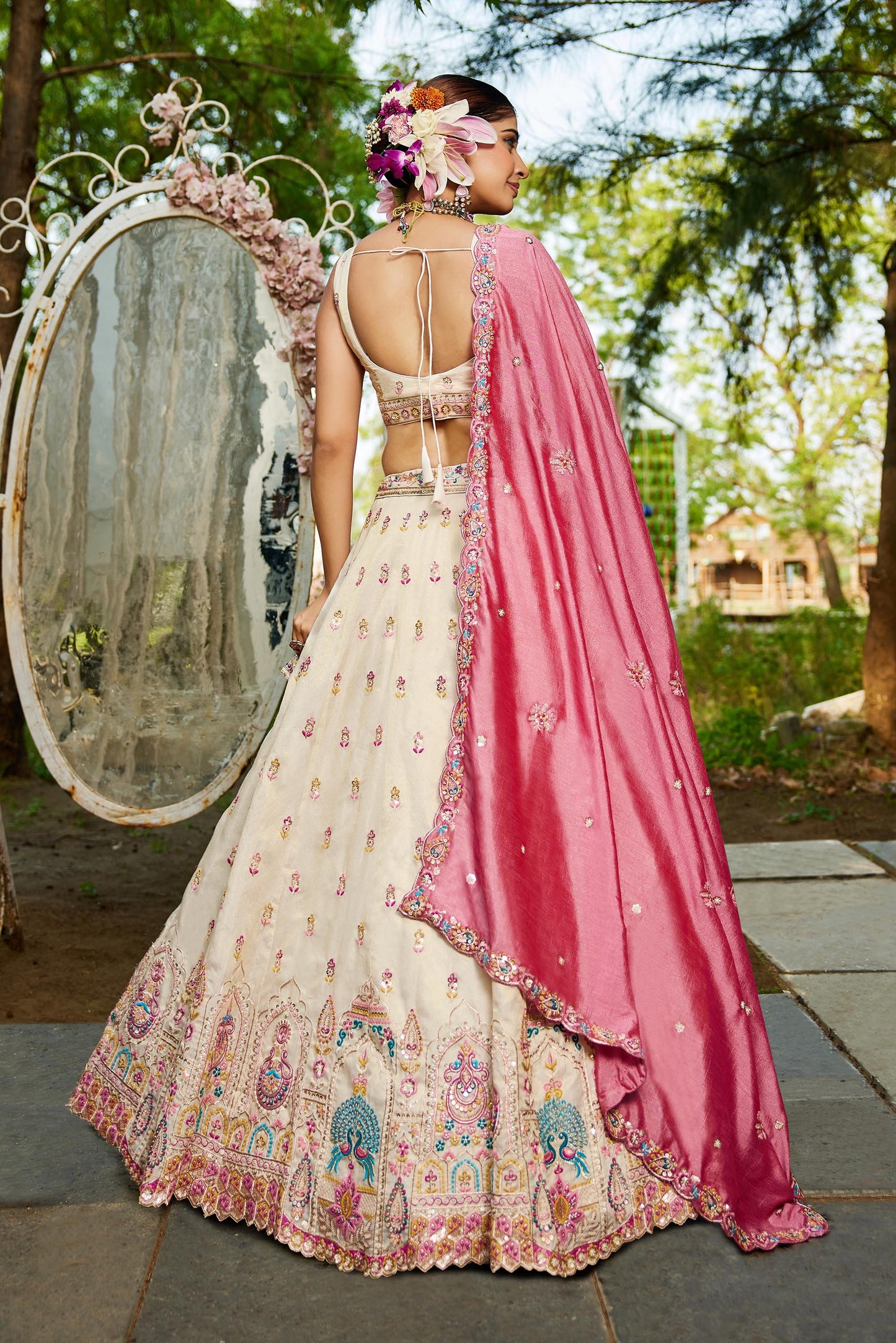 Cream colour Tissue Sequinse embroidery Lehenga choli & Dupatta