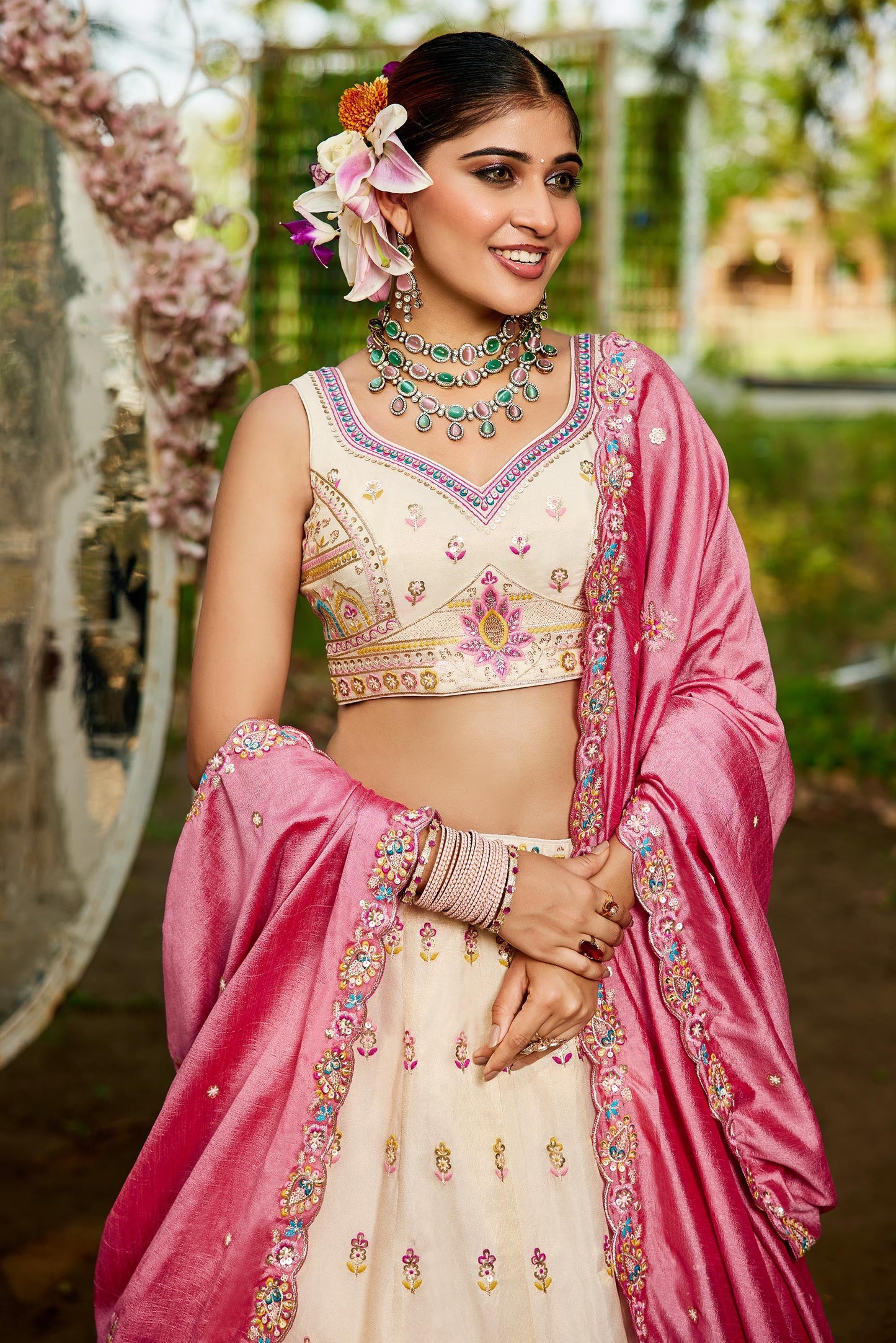 Cream colour Tissue Sequinse embroidery Lehenga choli & Dupatta