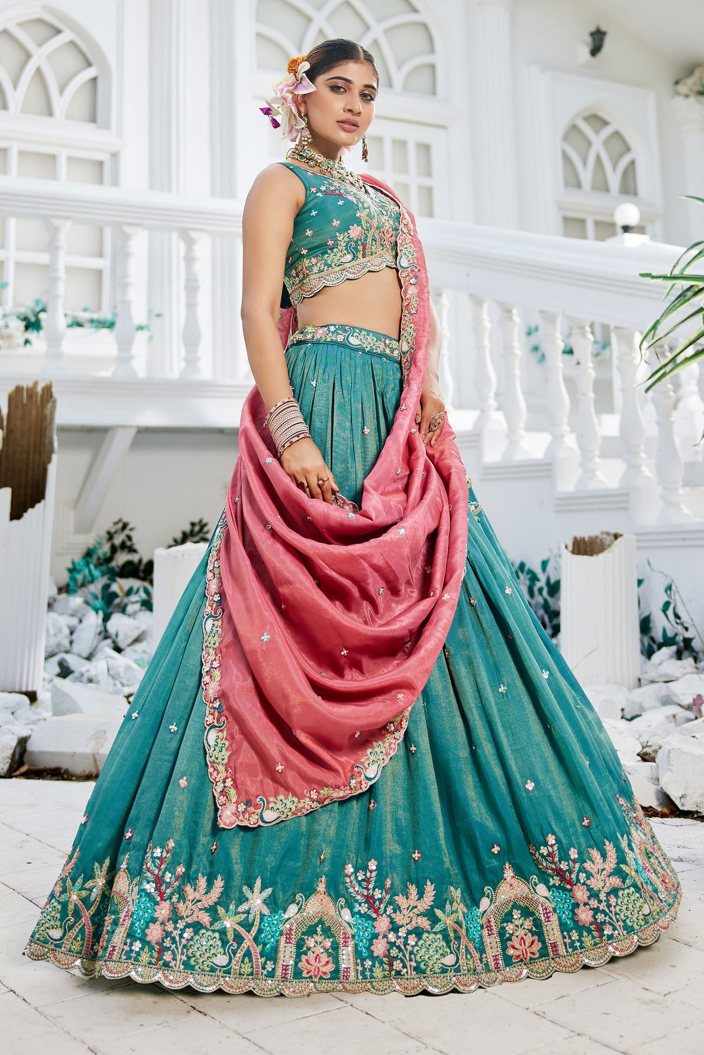 Sea Green colour Satin Sequins embroidery Lehenga choli & Dupatta