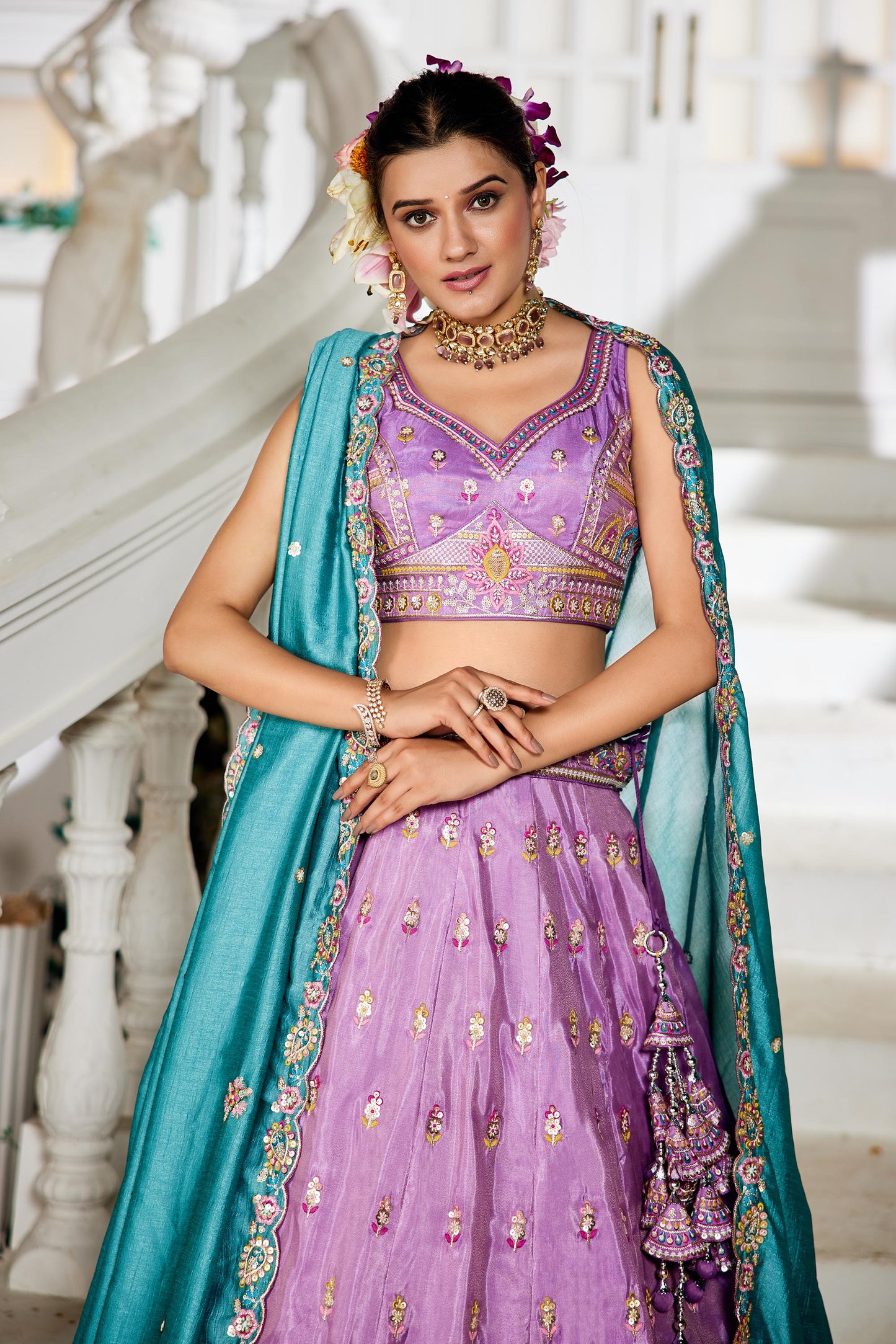 Lavender colour Tissue Sequinse embroidery Lehenga choli & Dupatta