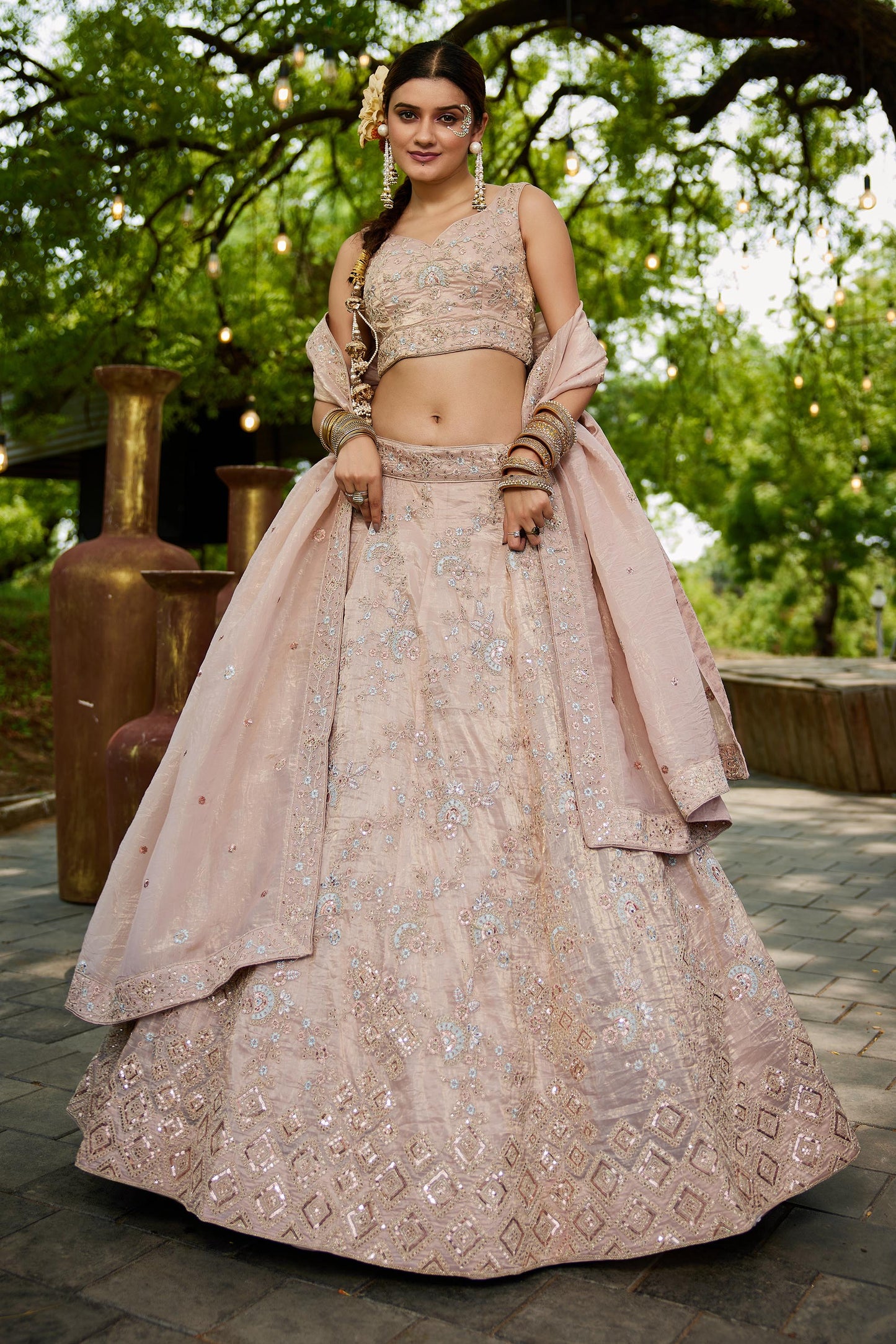 Nude colour Tissue Sequinse embroidery Lehenga choli & Dupatta