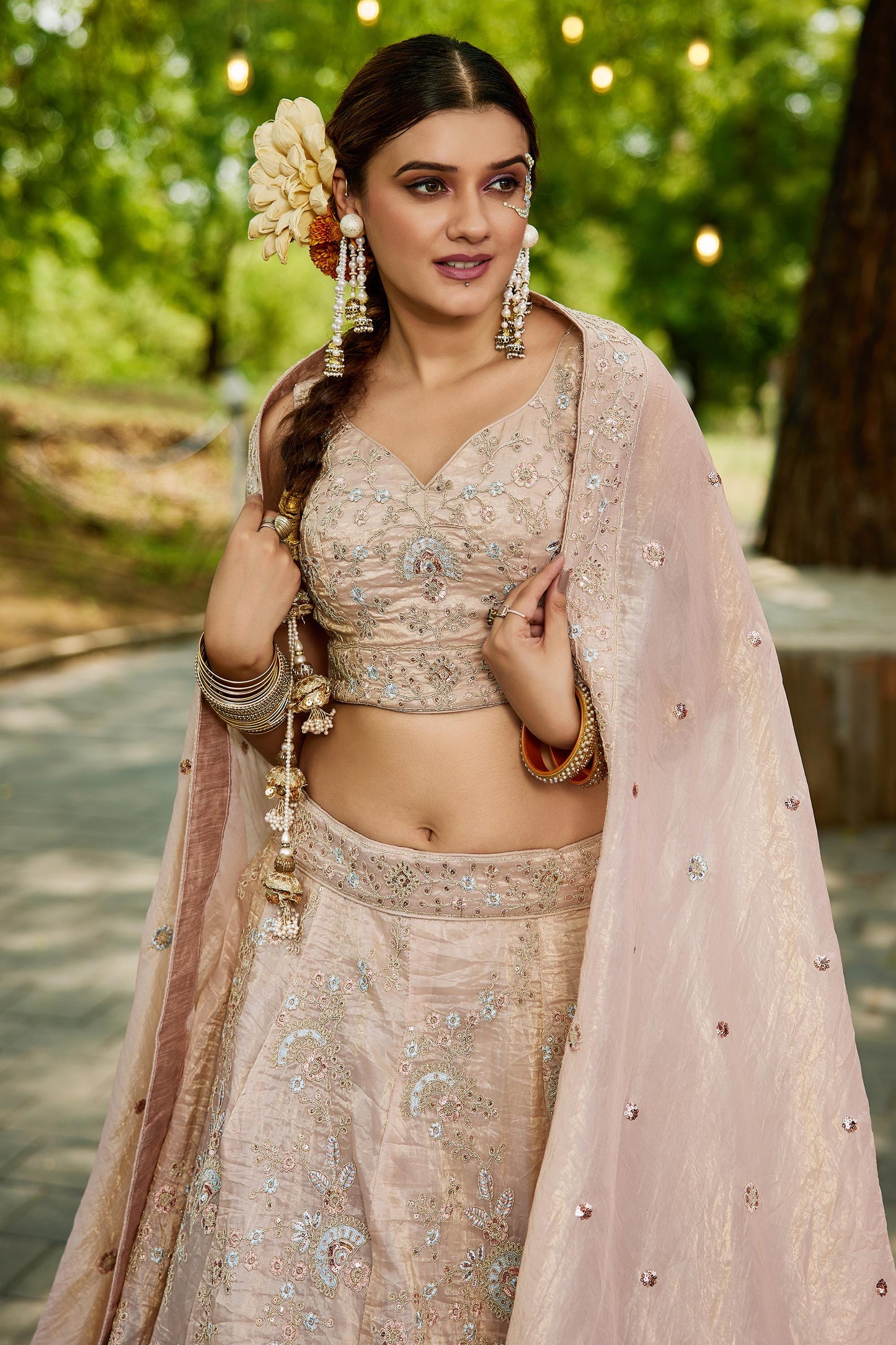 Nude colour Tissue Sequinse embroidery Lehenga choli & Dupatta