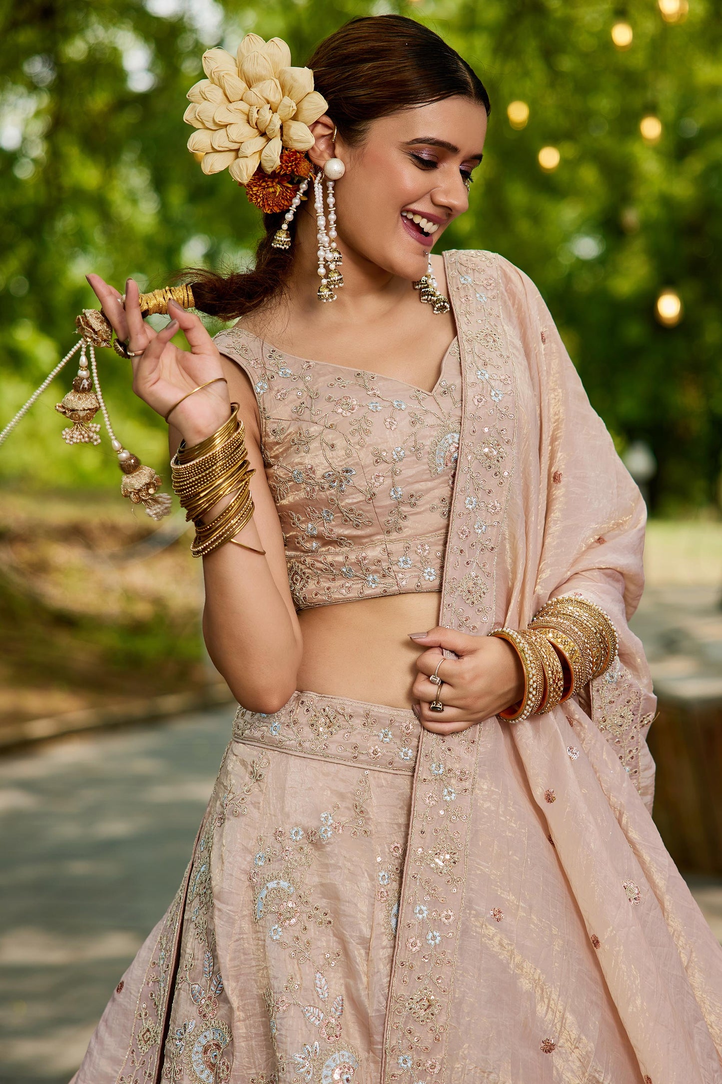 Nude colour Tissue Sequinse embroidery Lehenga choli & Dupatta