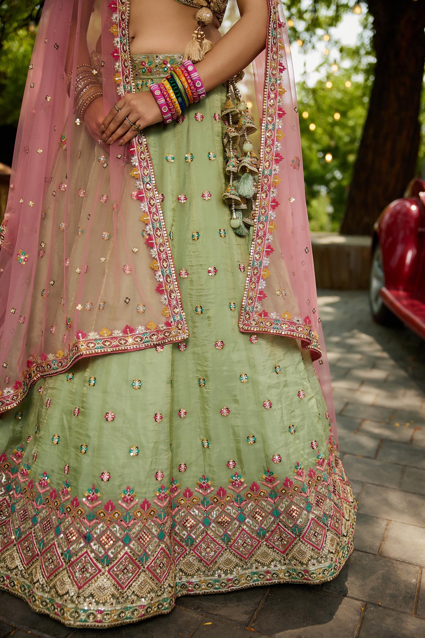 Lime green colour Tissue Sequinse embroidery Lehenga choli & Dupatta