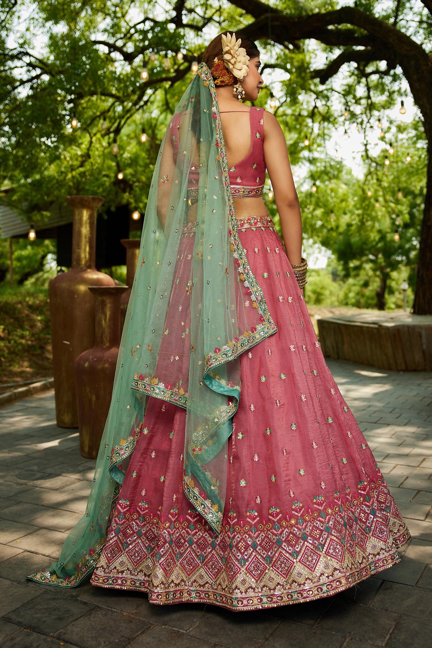 Pink colour Tissue Sequinse embroidery Lehenga choli & Dupatta