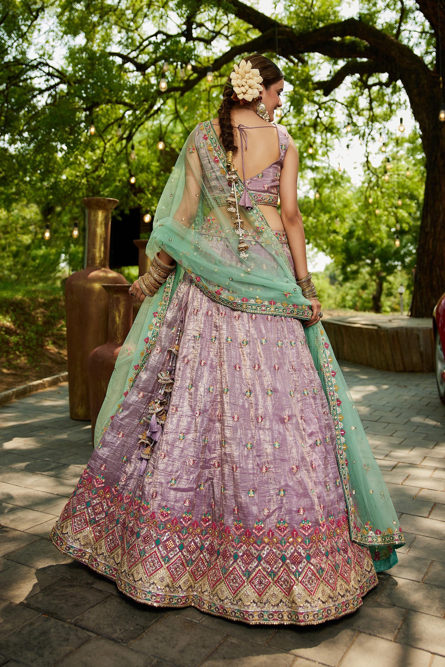 Lavender colour Tissue Sequinse embroidery Lehenga choli & Dupatta