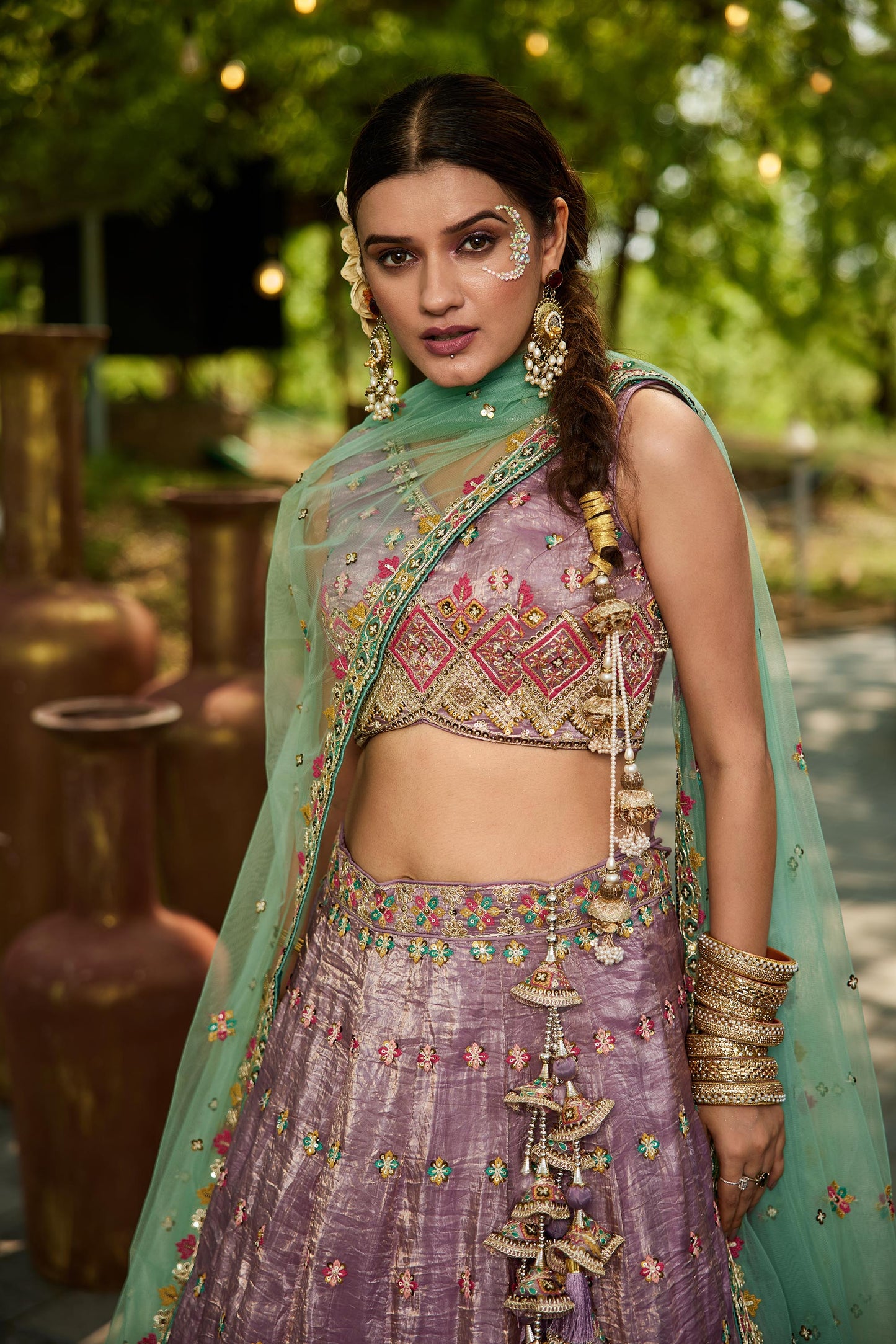 Lavender colour Tissue Sequinse embroidery Lehenga choli & Dupatta