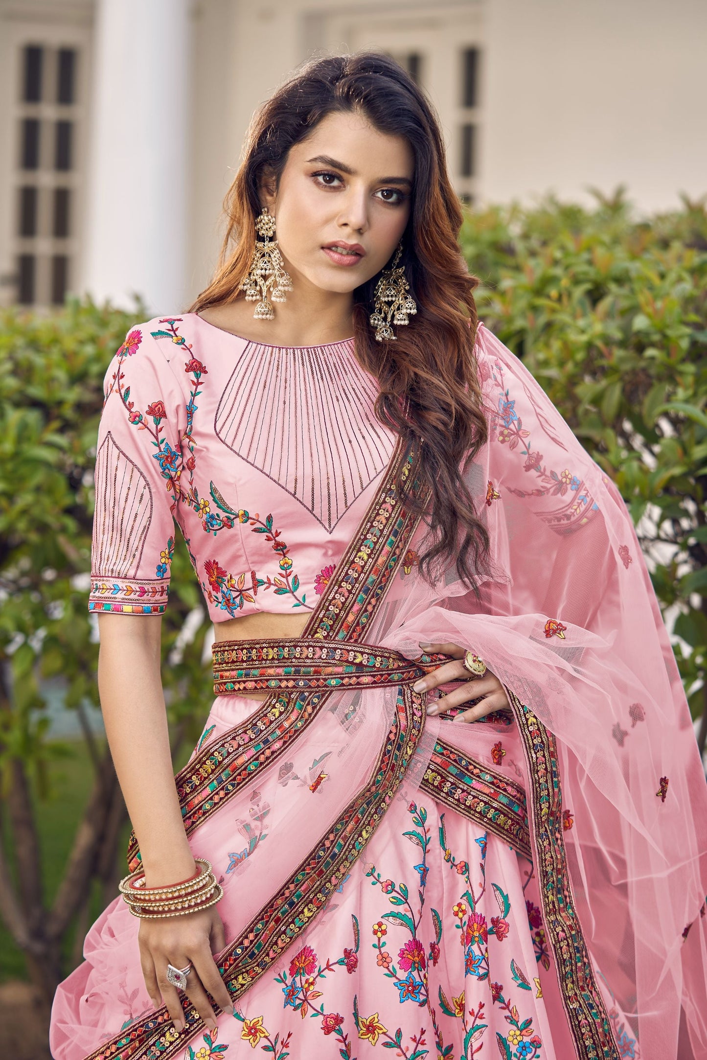 Pink Embroidered Sequined Lehenga With Dupatta