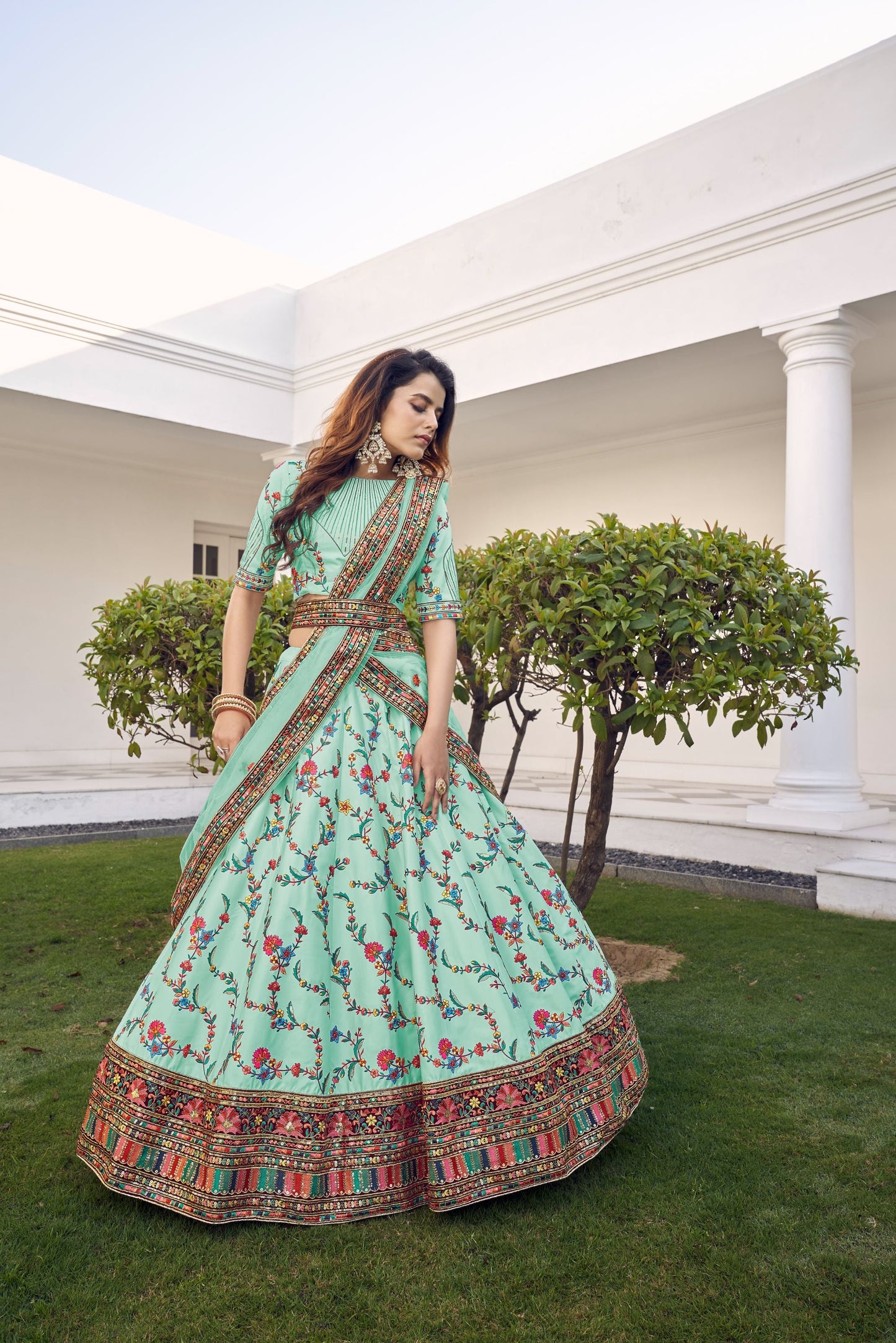 Sea Green Embroidered Sequined Lehenga  With Dupatta