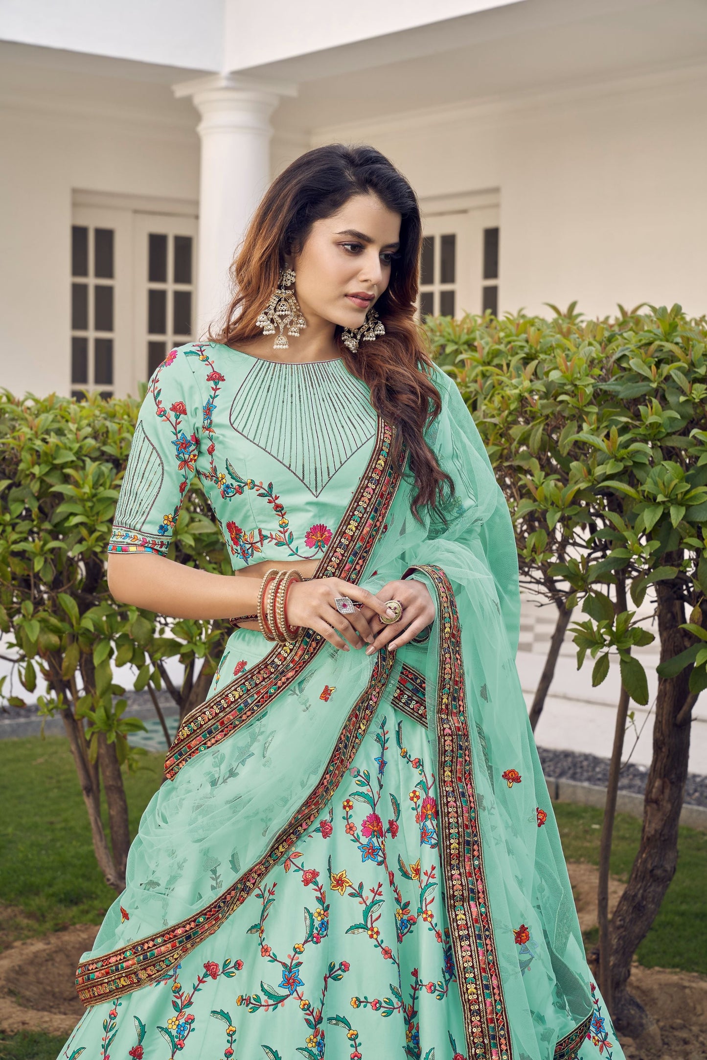 Sea Green Embroidered Sequined Lehenga  With Dupatta