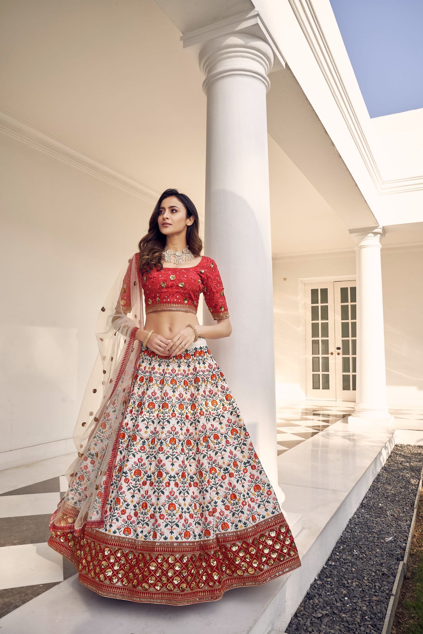 White Embroidered Sequined Lehenga Set
