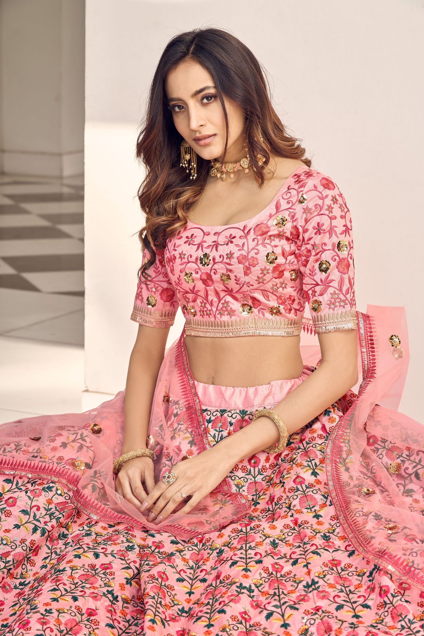 Pink Embroidery Silk Lehenga With Dupatta