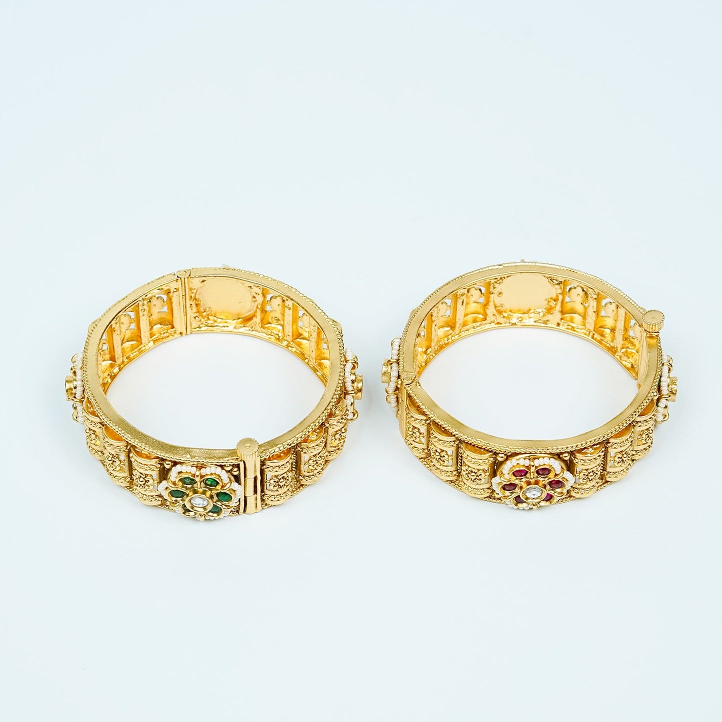Zevar Club Set of 2 22K Gold-Plated Handcrafted Rajwadi Bangles with Ruby Red & Emerald Green Floral Kundan Motif
