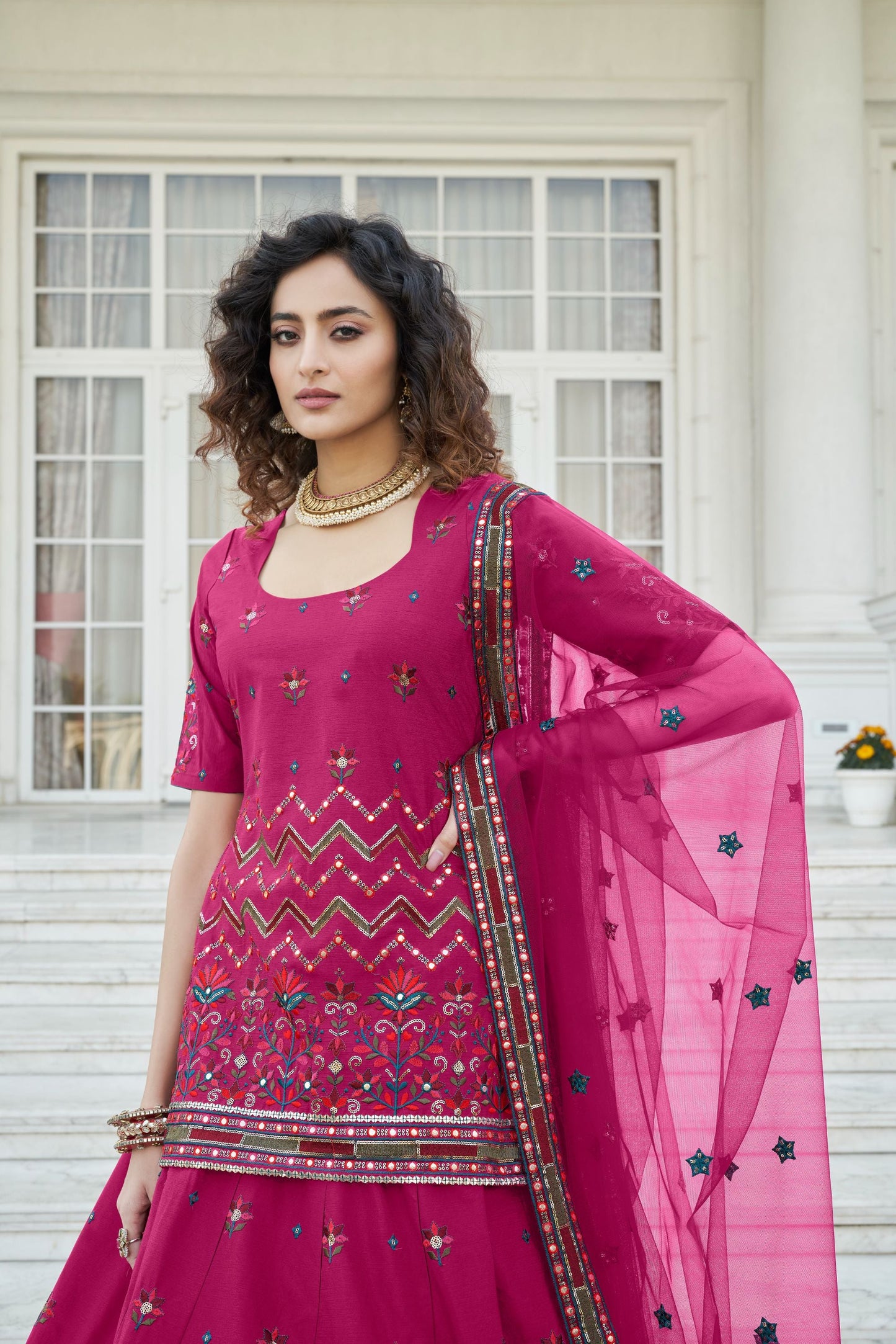 Dark Pink Color Faux Chiffon Gota Work Lehenga