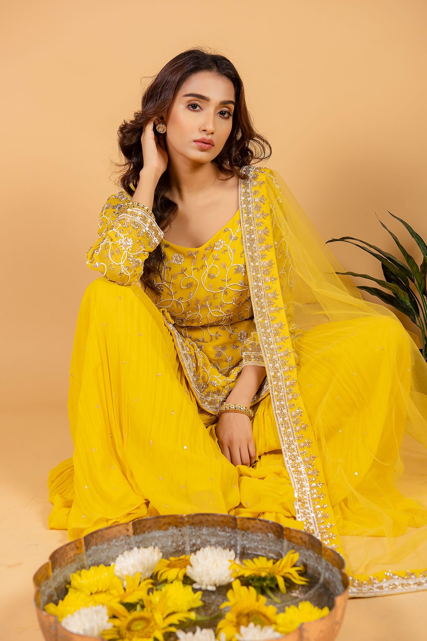 Yellow Color Net Embroidered Kurta Gharara Set for Haldi