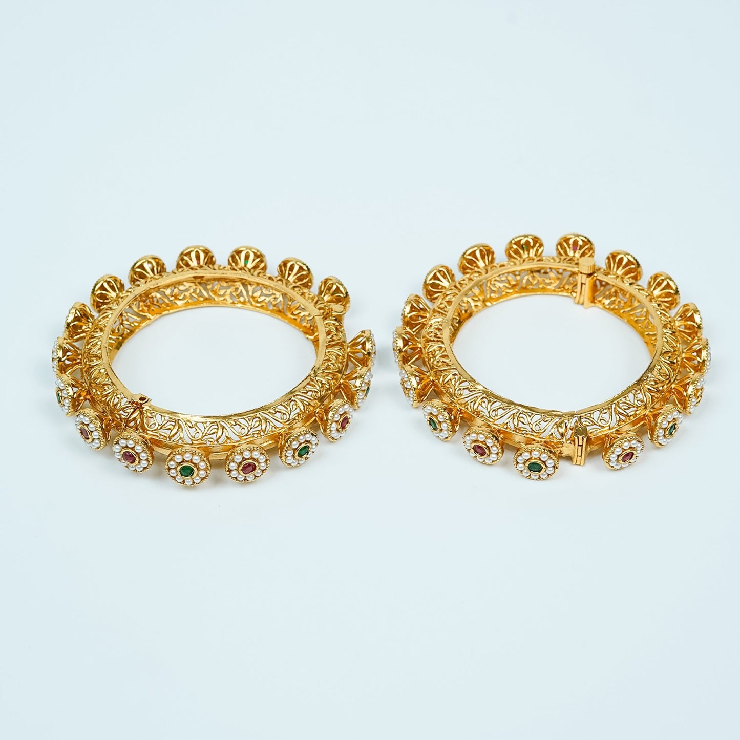 Zevar Club Set of 2 22K Gold-Plated Handcrafted Bangles  with Ruby Emerald Kundan Floral & Pearl Accents