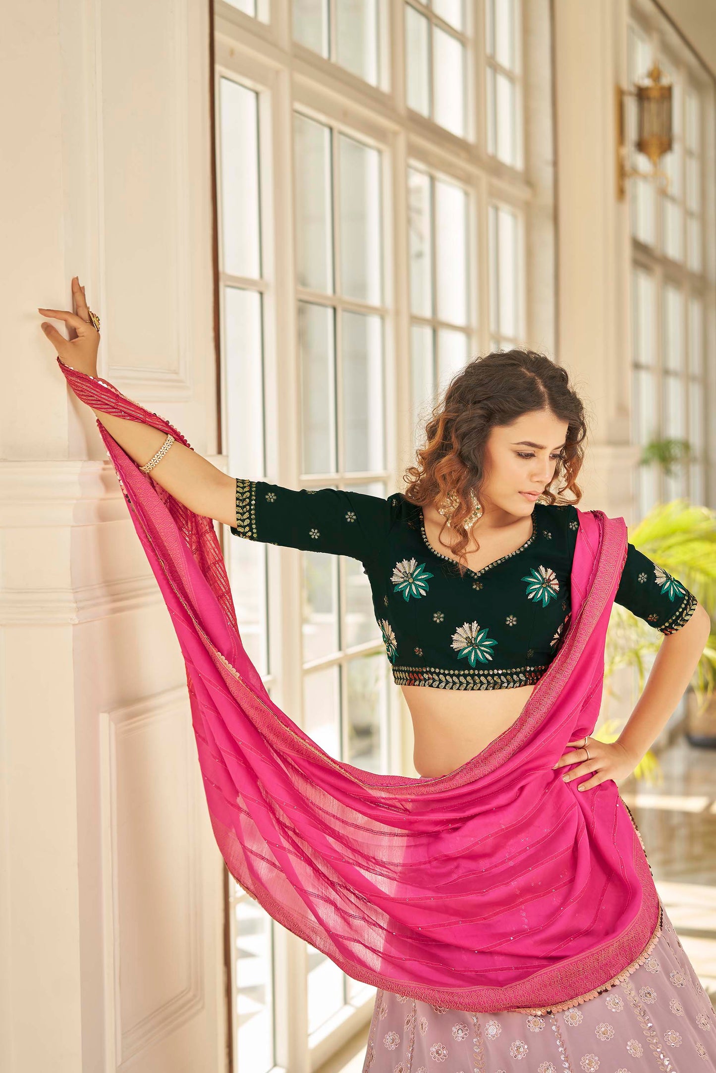Dusty Pink and Green Lehenga Choli for Mehendi