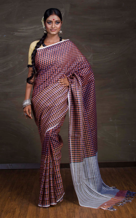 Pure Handloom Checks Linen Saree in Brown
