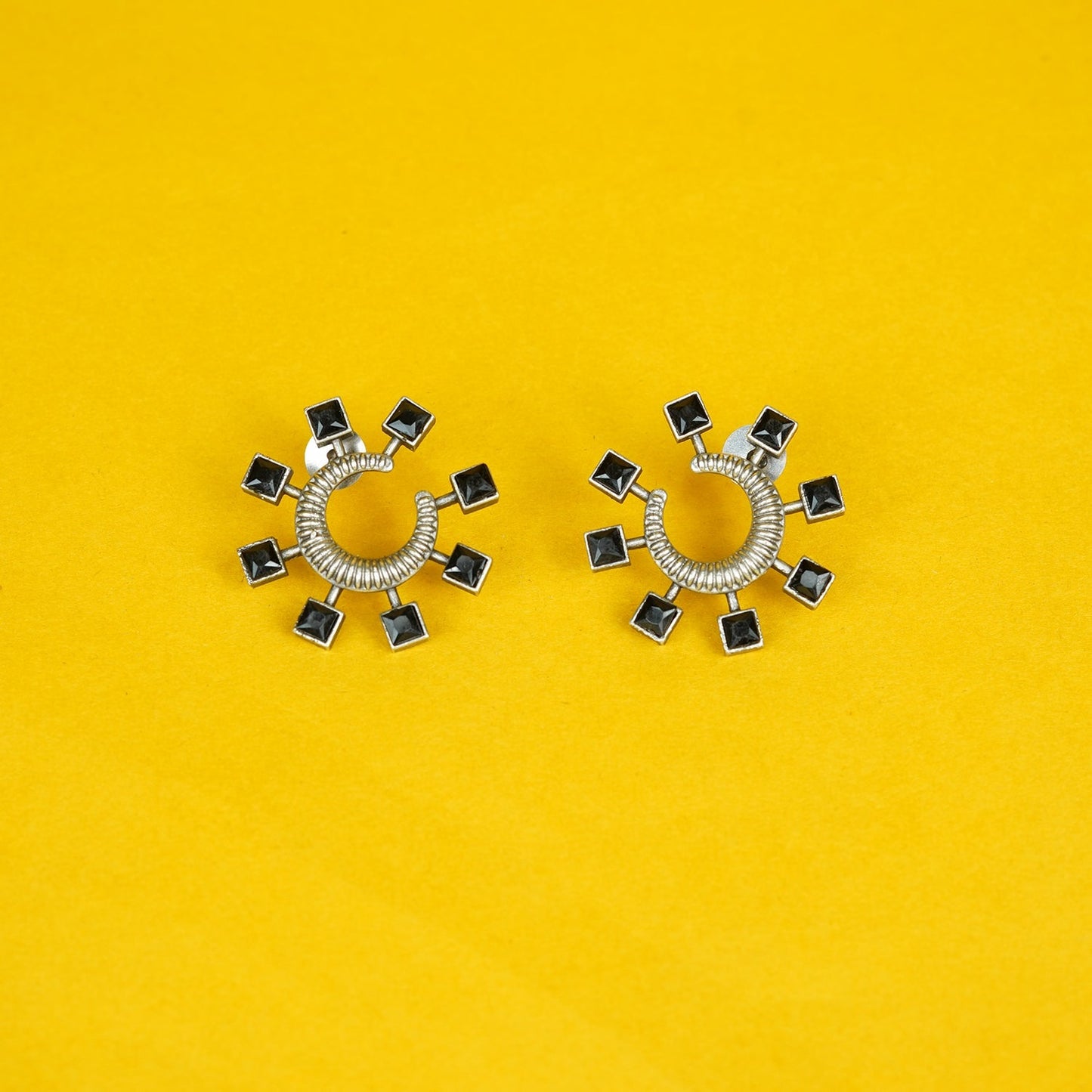 Zevar Club Oxidised Silver-Plated Black AD Studded Half-Hoop Earrings