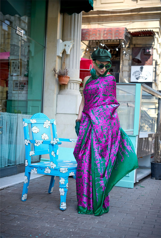 Fuchsia Kazule Contemporary Satin Crepe Saree